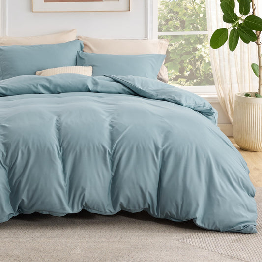Bedsure Duvet Cover with Fitted Sheet Queen - 4 Pieces, Soft Double Brushed Bedding Set with Zipper Closure, Includes 1 Duvet Cover 90"x90", 1 Fitted Sheet, 2 Pillow Shams, NO Comforter, Mineral Blue