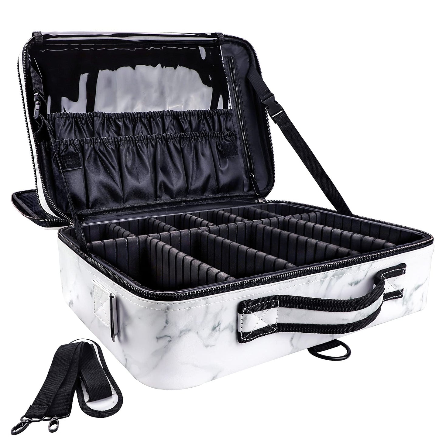gzcz PU Leather Travel Makeup Case 16.2" Large Cosmetic Bag Organizer Professional Train Case with Adjustable Dividers and Shoulder Strap for Brushes Toiletry Jewelry Digital Accessories