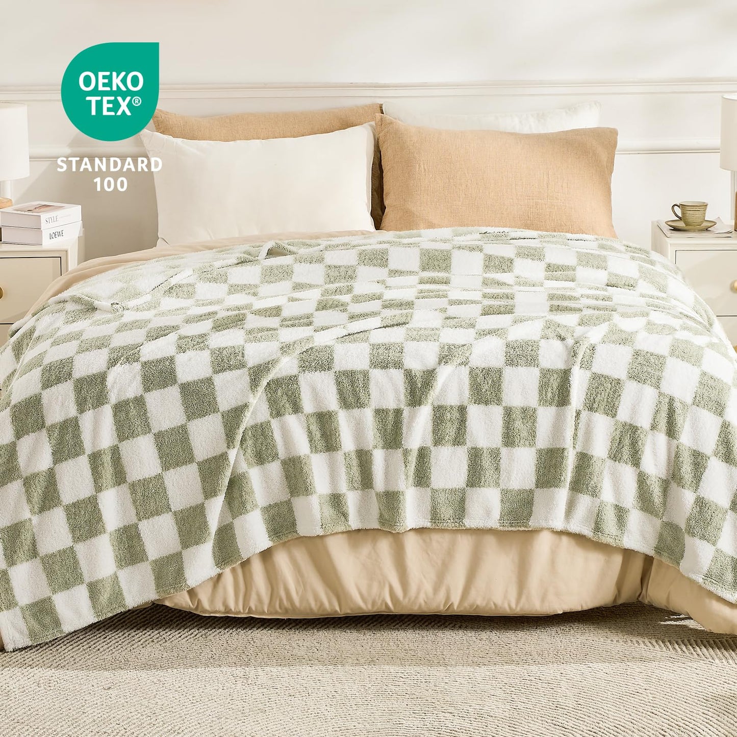 EMME Checkered Blanket Twin Size - 60"x80" Green Knit Blanket Soft Fluffy Patterned Throw Blankets for Couch, Sofa, Chair, Bed, Camping, Picnic, Travel