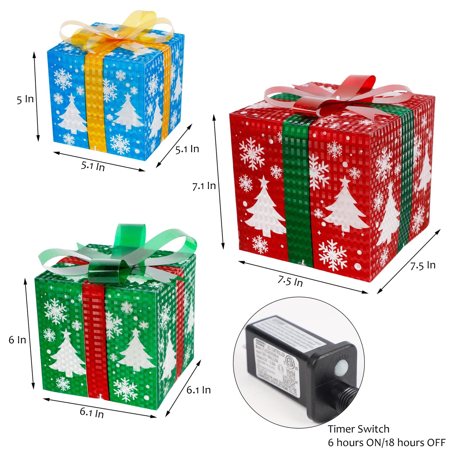 GUOOU Set of 3 Lighted Gift Boxes Christmas Decorations, 60 LED Lighted Snowflake Christmas Tree Present Boxes, Christmas Home Gift Box Decorations
