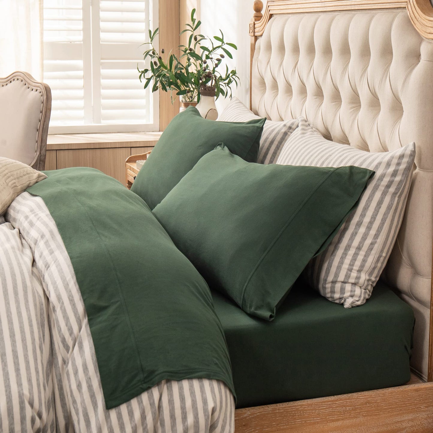 PURE ERA Jersey Knit 4pc Bed Sheet Set 100% T-Shirt Cotton Super Soft Comfy Breathable Fits Mattress Up to 20" Extra Deep Pocket (Solid Forest Green, King)