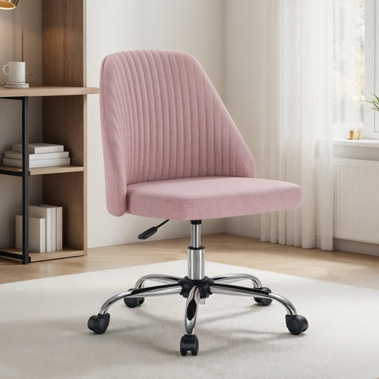Simple Deluxe Armless Office Desk Chair, Modern Cute Swivel Vanity Chair Comfy Home Office Chairs with Wheels Height Adjustable Rolling Computer Task Stools for Living Room, Make-up, Bedroom, Pink