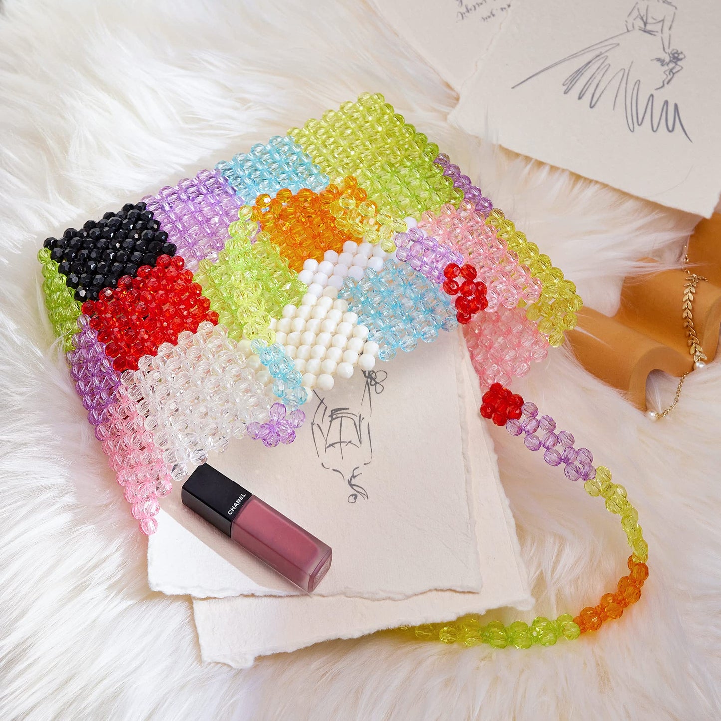 Grandxii Beaded Bag Summer Beach Bag Acrylic Handbags Handmade Tote Bags for Wedding Party Rainbow Colorful