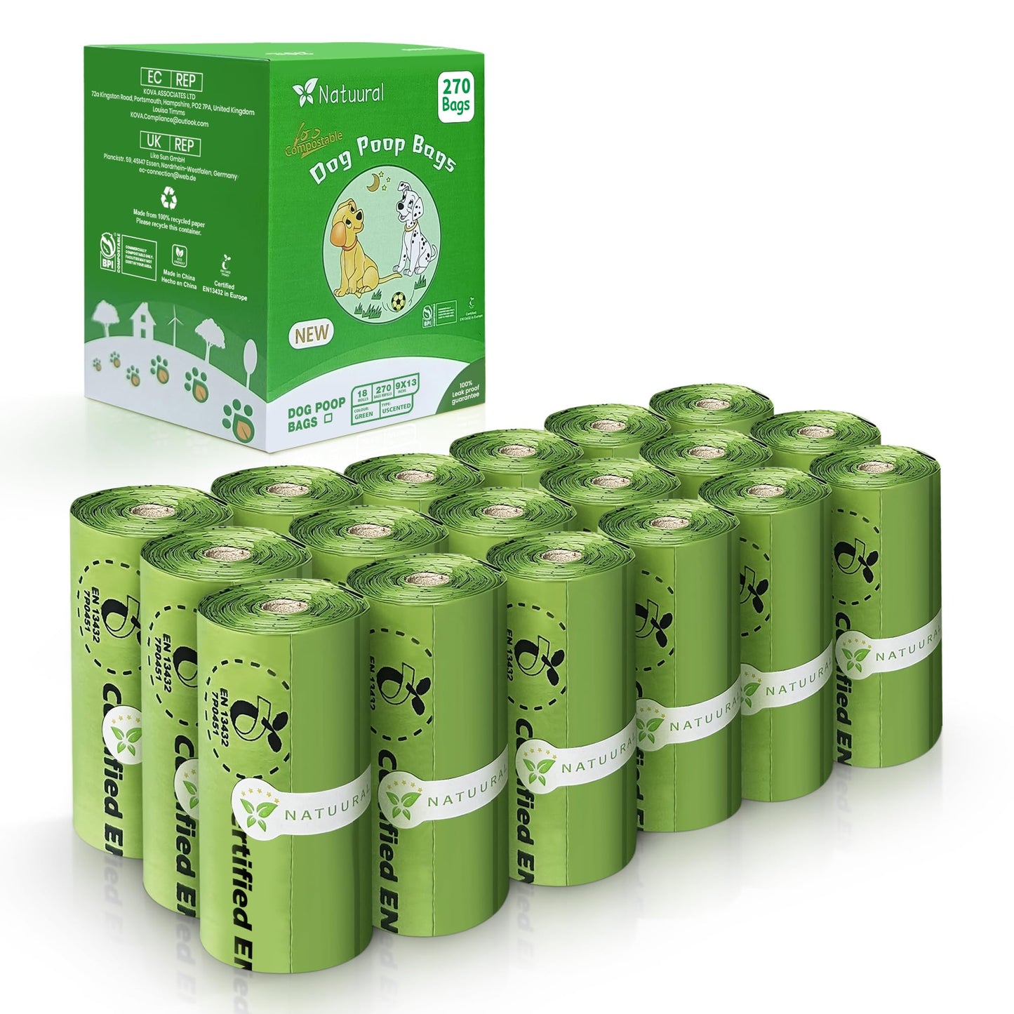 Certified Compostable Dog Poop Bags-270Bags 18Rolls, Poop Bags for Dogs Made of Cornstarch - ASTM D6400 By USA, Unscented, Suitable for Large |Small Dogs (Green)