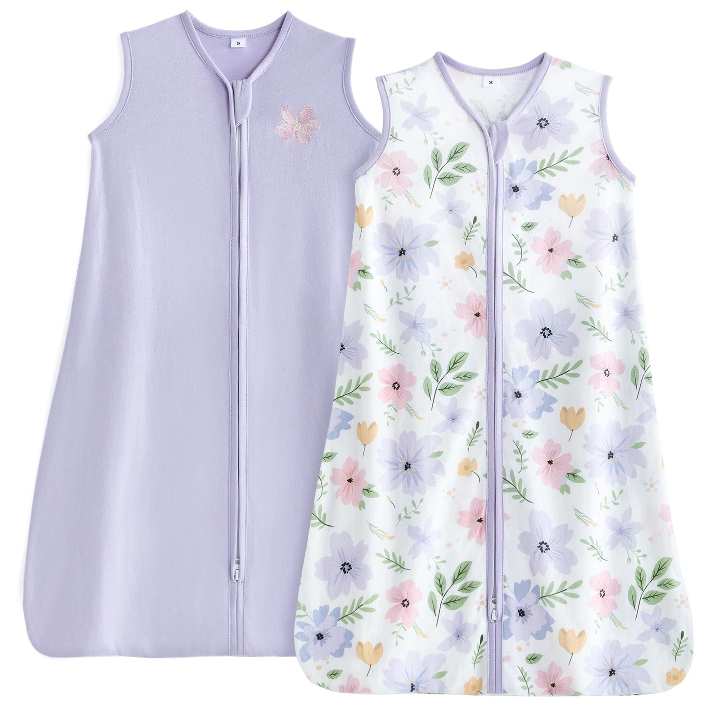 TILLYOU Sleep Sack 6-12 Months - 0.5 TOG Baby Wearable Blanket with 2-Way Zipper, Lightweight Cotton Summer Sleeping sack 2 Pack, Brilliant little flowers and purple