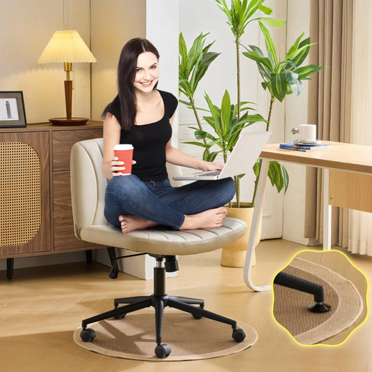 VINGLI Criss Cross Legged Chair,Wide Comfy Office Desk Chair,Dual-Use with/no Wheels Computer Task Chair,Swivel Armless Vanity Rolling Chair for Study,Make Up,Home Office,Cat Scratch PU Leather,Khaki