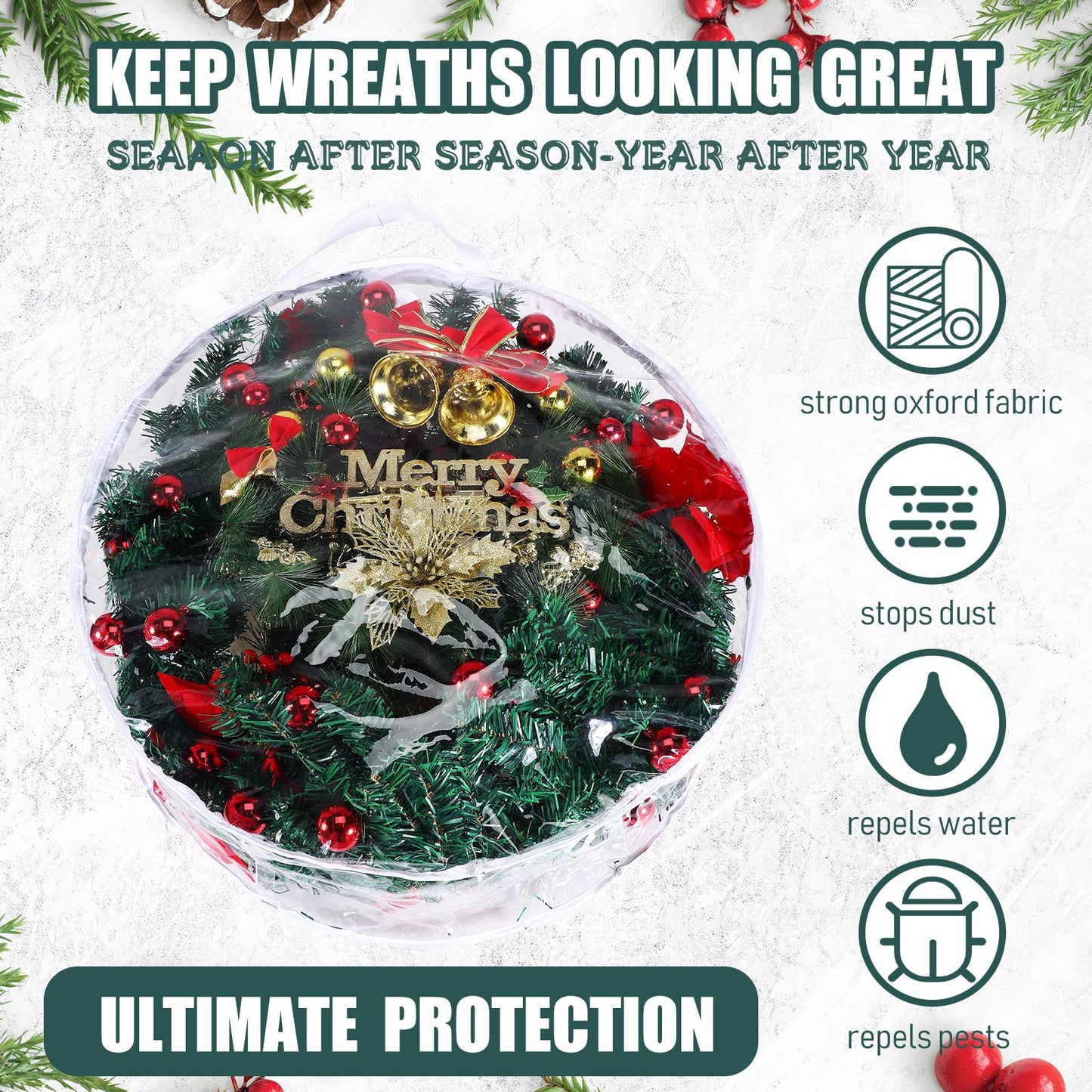 Shappy 4 Pieces Clear Christmas Wreath Storage Container 24 Inches Xmas Wreath Storage Bag Plastic Christmas Garland Container with Dual Zippers and Reinforced Handles for Xmas Seasonal (Clear)