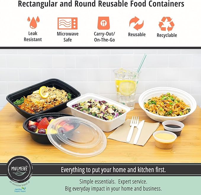 MULMEHË Plastic Food Storage Take-Out Container and Lid Combo, 24 oz, Microwaveable, Rectangular, Black, 7x5x2”, Set of 150