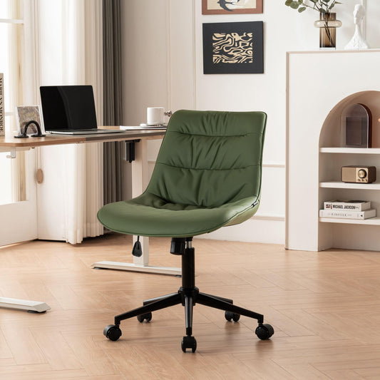 Rowill Office Chair with Wheels, Armless Swivel Desk Chair with Adjustable Height, Modern Rolling Faux Leather Task Chair Vanity Chair for Home & Office, Green