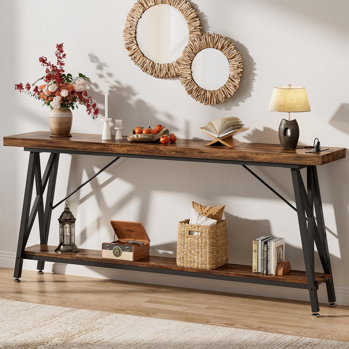 Homieasy 70.9 Inch Extra Long Console Table with Charging Station & Storage Shelf - Industrial Style Sofa Table Behind Couch for Living Room & Entryway, Rustic Brown