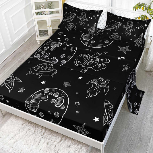 Smell Sunshine Astronaut Space Sheets Set 4Pcs for Kids,Space Rocket Printed Sheet Set with 1 Flat Sheet and 1 Fitted Sheet + 2 Pillowcases(Space-3 Twin)