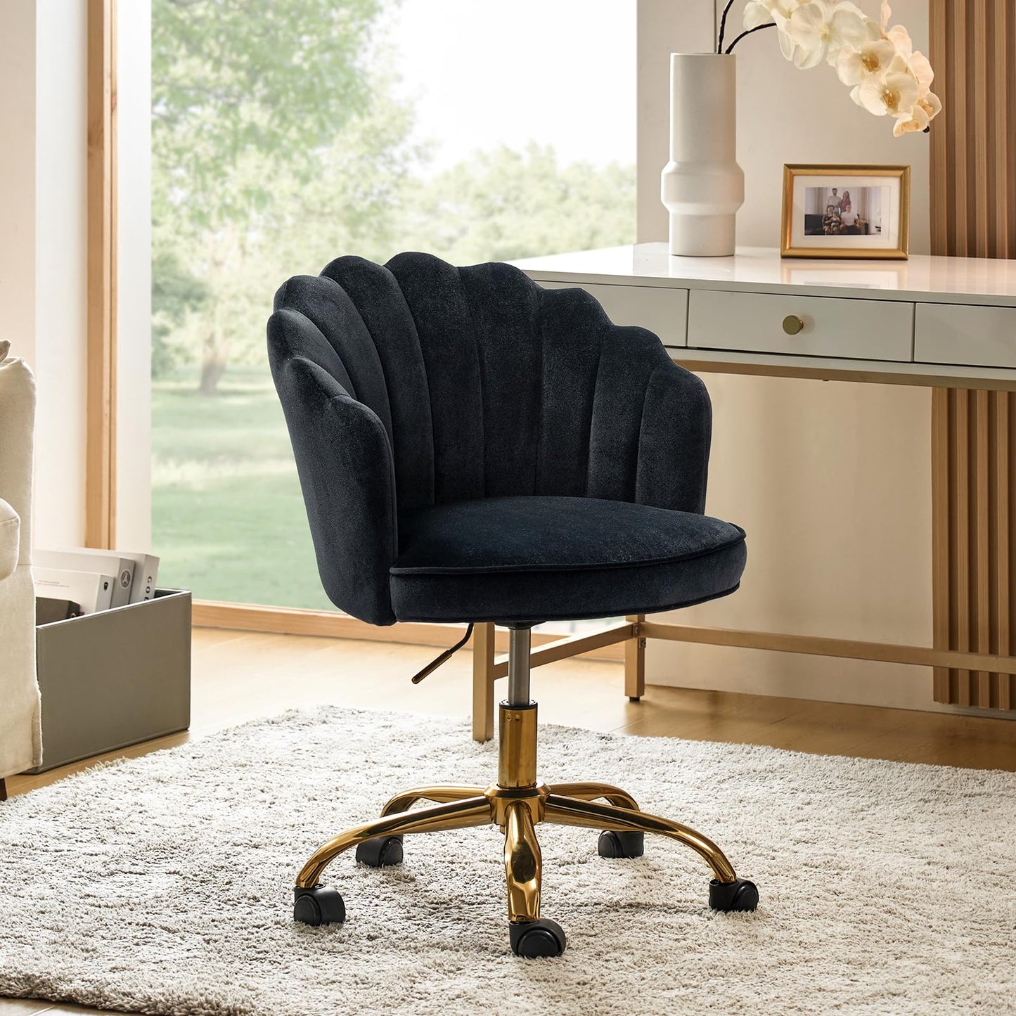 HULALA HOME Velvet Home Office Desk Chair, Modern Shell Back Makeup Vanity Chair with Wheels, Swivel Height Adjustable Cute Task Chair for Women Girls, Black