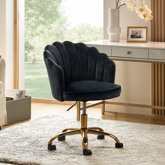 HULALA HOME Velvet Home Office Desk Chair, Modern Shell Back Makeup Vanity Chair with Wheels, Swivel Height Adjustable Cute Task Chair for Women Girls, Black