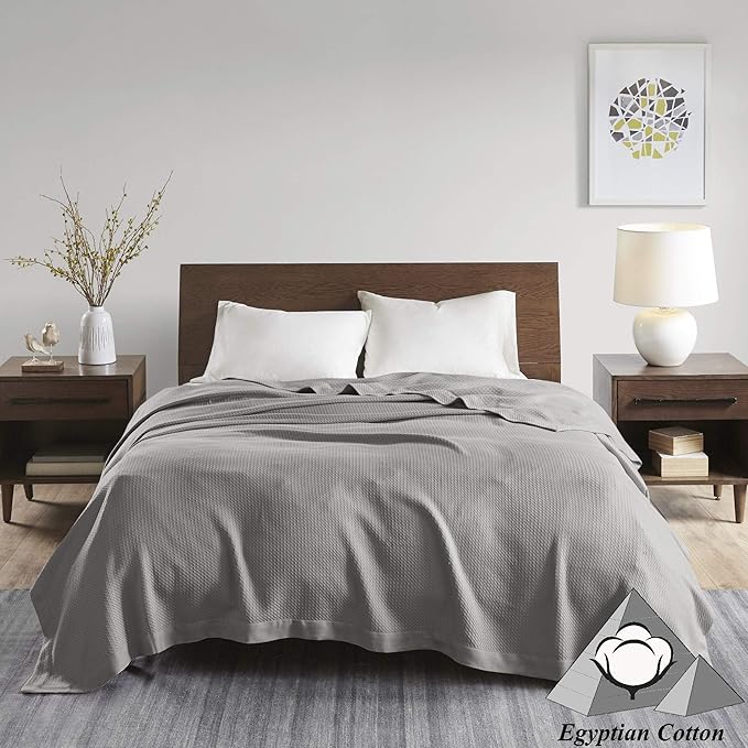 Madison Park Egyptian Cotton Luxury Blanket Grey 108x90 King Size Knit Premium Soft Cozy 100% Cerified Egyptian Cotton For Bed, Couch or Sofa