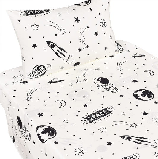 J pinno Space Astronaut Airship Planet Stars Earth Boys Twin Sheet Set Bedroom Decoration Gift, 100% Cotton, Flat Sheet + Fitted Sheet + Pillowcase Bedding Set (20, Twin)