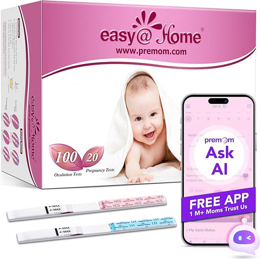 Easy@Home Ovulation & Pregnancy Test Strips Kit: 100 Ovulation Tests 20 Pregnancy Tests Powered by Premom Ovulation APP | 100LH + 20HCG
