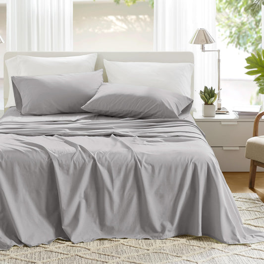 Comfort Spaces 100% Cotton Sheet Set Breathable, Lightweight, Soft with 14" Elastic Pocket Fits up to 16" Mattress, All Season Cozy Bedding, Matching Pillow Case, Queen Grey 4 Piece