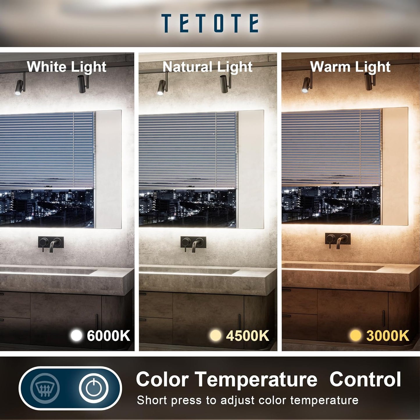 TETOTE 30 x 36 Inch LED Backlit Bathroom Mirror with Lights, 3Color White/Warm/Natural, Anti-Fog Lighted Mirror,Dimmable,Vanity Mirror,Wall Mounted