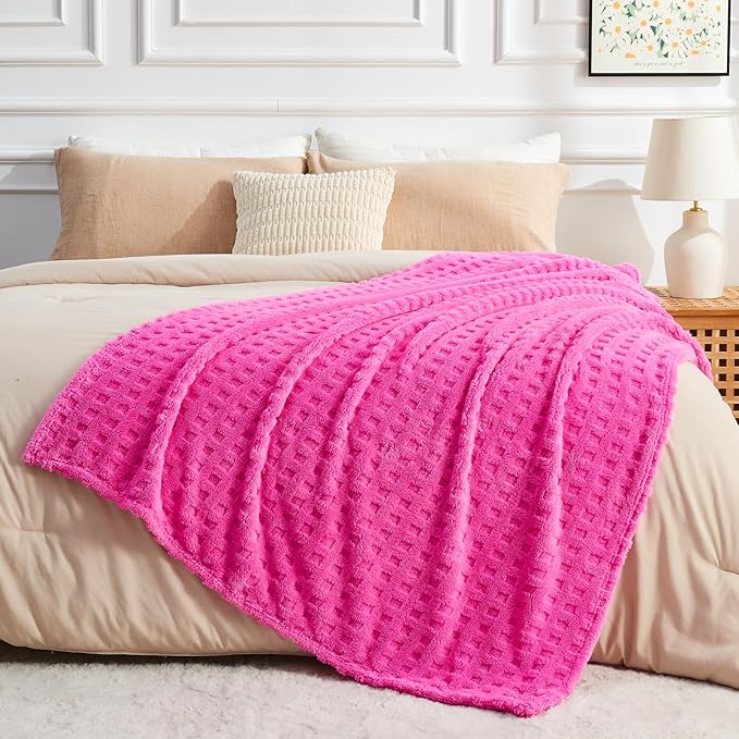 NEWCOSPLAY Super Soft King Blanket Pink Premium Silky Flannel Fleece 3D Waffle Checkered Lightweight Bed Blanket All Season Use (Hot Pink, King(90"x110"))