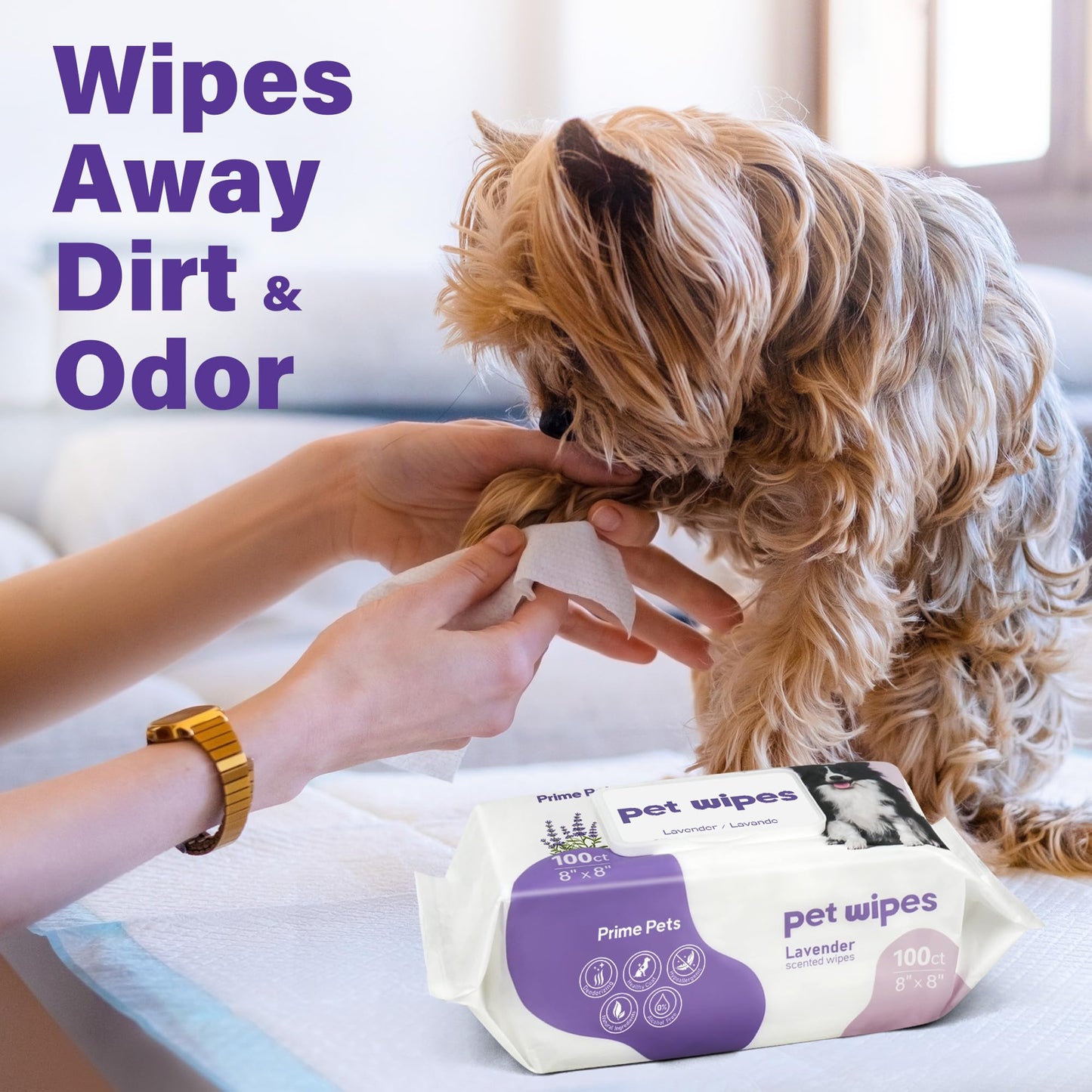 PrimePets Dog Wipes, 400 Count, 8" x 8" Pet Grooming Wipes for Dogs Cats Cleaning Deodorizing, Lavender Scented, Extra Thick Dog Paw Wipes for Sensitive Skin, Clean Ears, Eyes, Butt, Body & Teeth