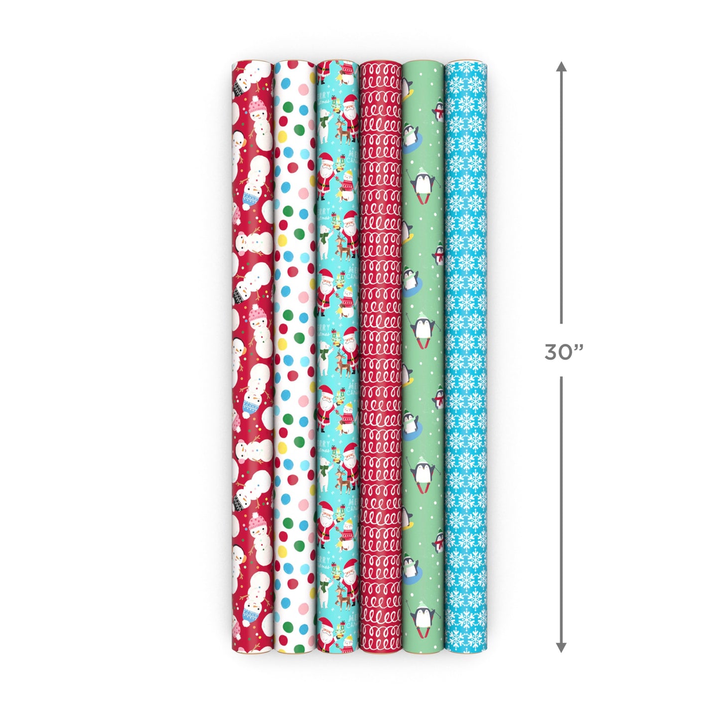 Hallmark Kids Christmas Wrapping Paper Rolls with Cutlines on Reverse (6 Rolls: 180 Sq. Ft. Total) Snowman, Snowflakes, Penguins, Santa Claus