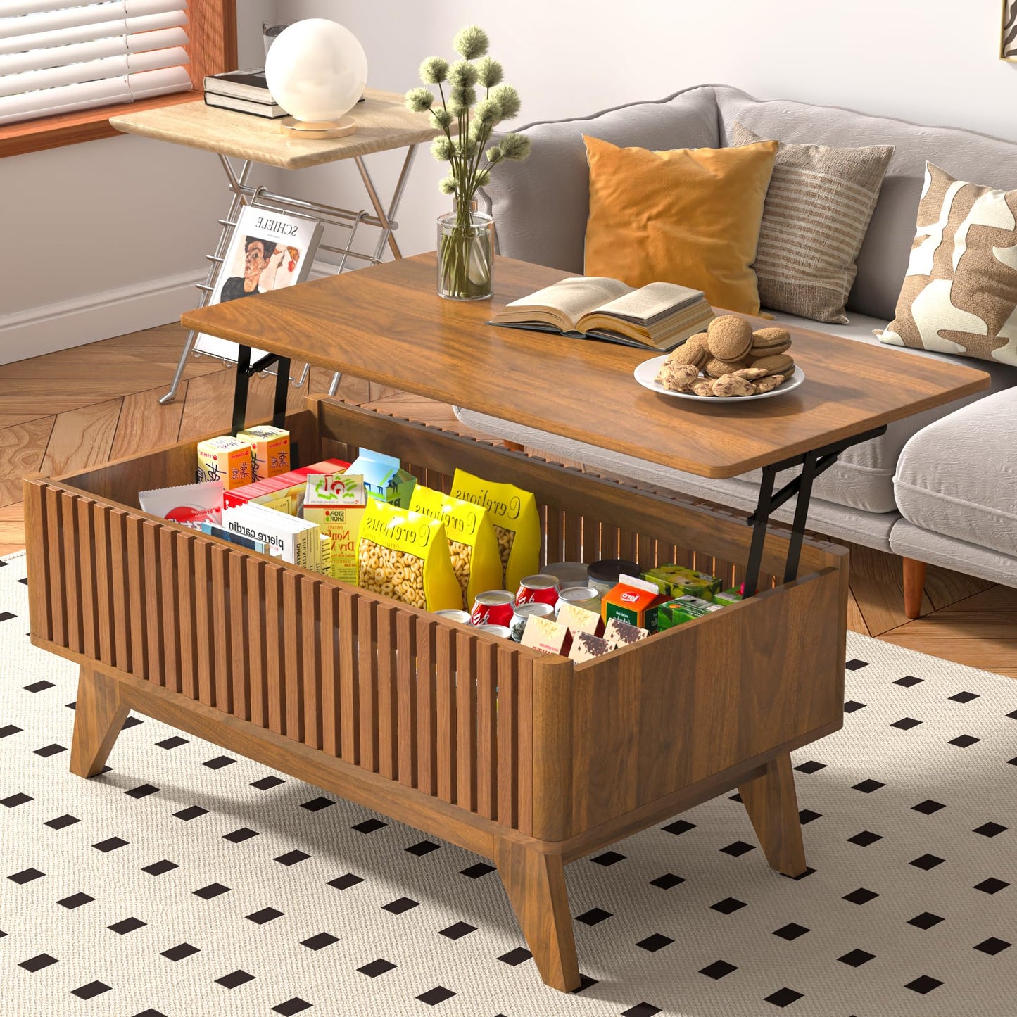 Lift Top Coffee Table with Hidden Compartment, Mid Century Modern Coffee Table for Living Room, Fluted Design Farmhouse Center Table with Storage (Walnut, 35.4" W)