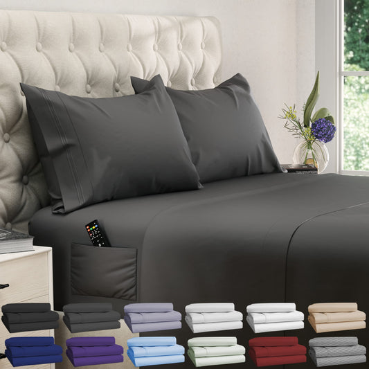 DREAMCARE California King Sheet Sets – 4 pcs Cooling Sheets – up to 21” Deep Cal King Sheets – Hotel Luxury Pillowcases – Superior Softness 100% Fine Microfiber with Side Pocket – Gray