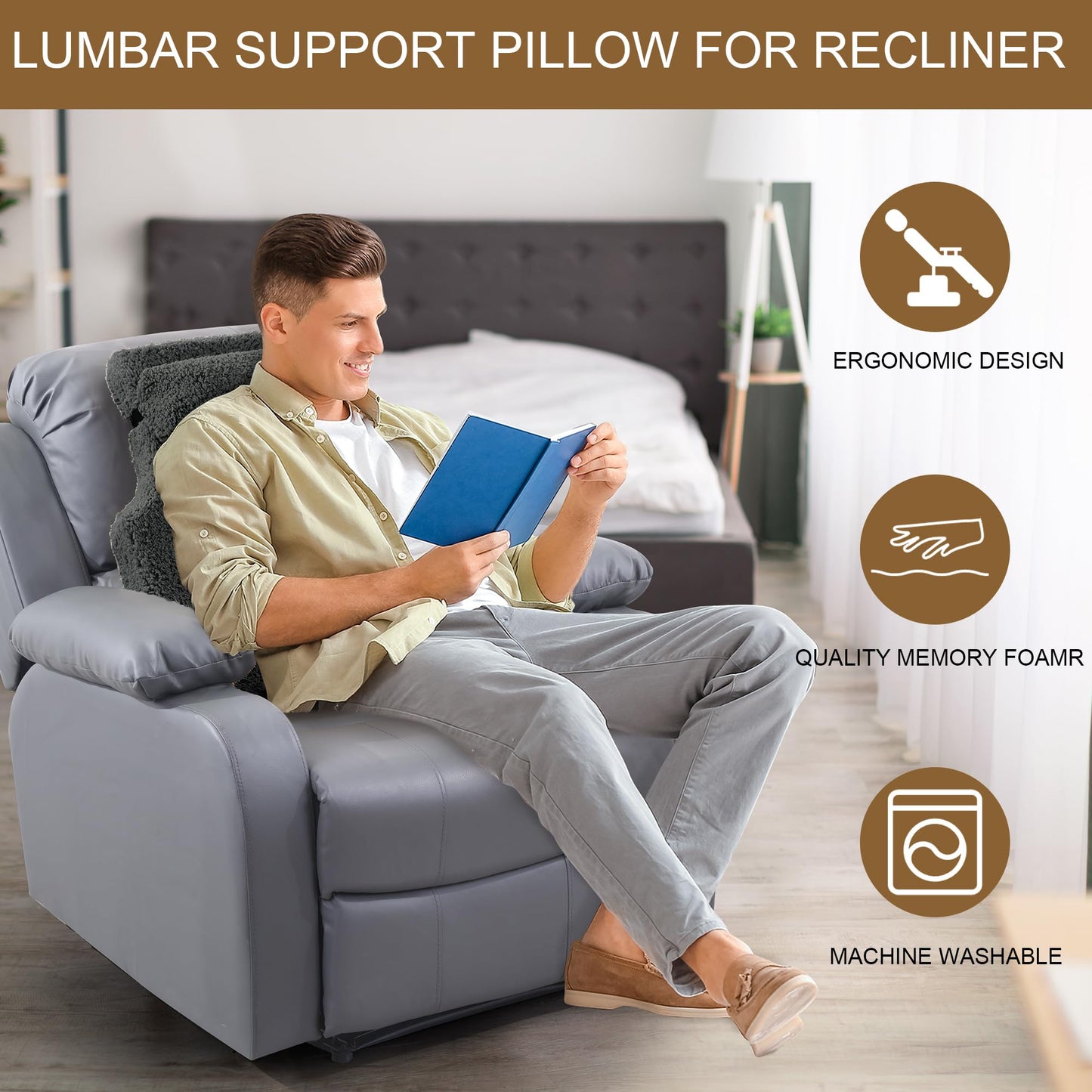 HOMBYS Sherpa Fleece Lumbar Support Pillow with Headrest for Recliner,Memory Foam Recliner Chair Cushion for Back Pain,Big High Back Support for Recliner with Chair Headrest for Elderly (Grey)