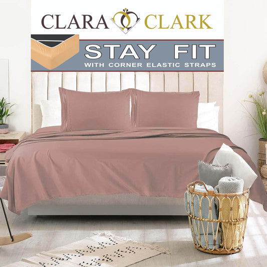 Clara Clark 1800 Series Bed Sheet Sets - Stay fit on Mattress with Elastic Straps at Corners - King, Taupe Sand