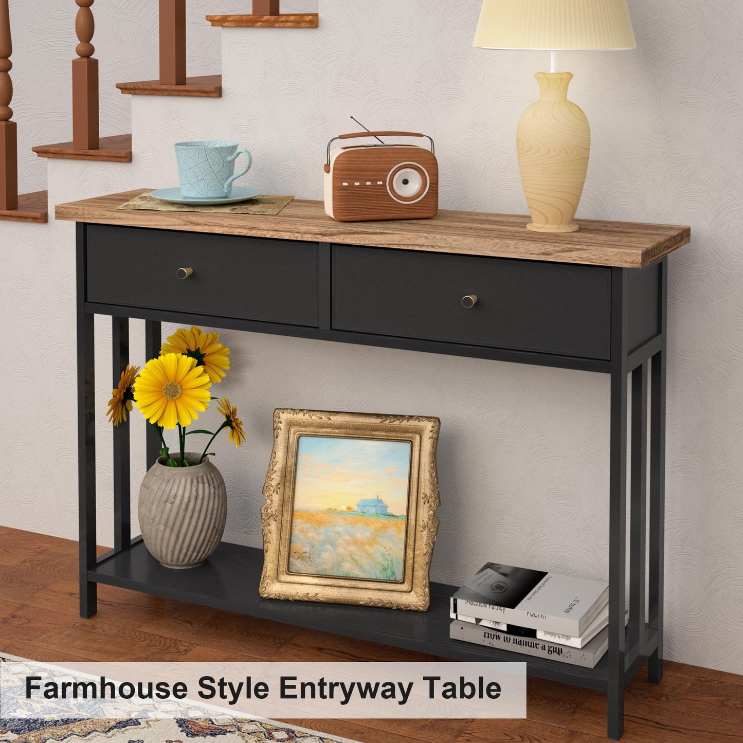 FLYJOE Solid Wood Console Table with 2 Fabric Drawers, 42" Entryway Table with Storage Shelves, Sofa Table for Entryway, Hallway, Living Room, Kitchen or Behind Couch in Foyer, Black