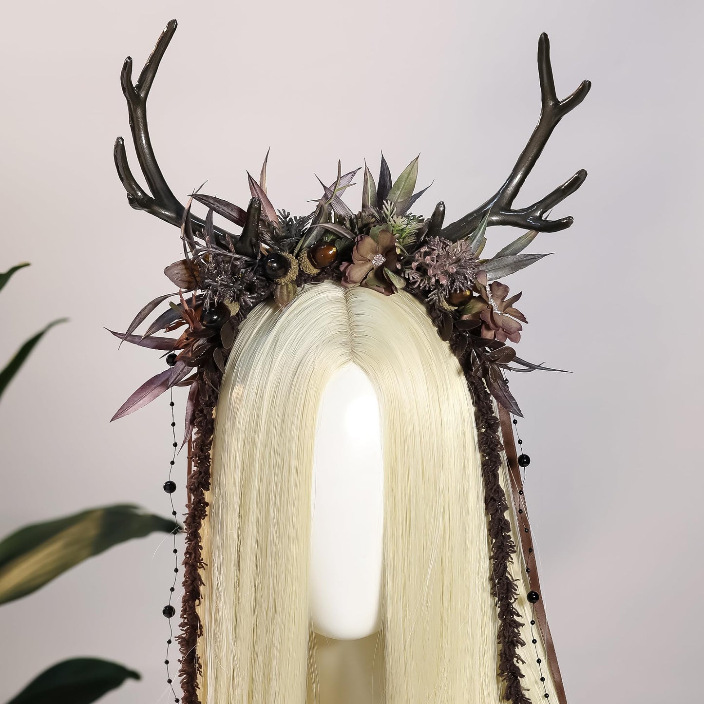 MOSTORY Dark Flower Reindeer Headband - Gothic Floral Antlers Headpiece for Renaissance Accessories Women Dark Fairy Costume, Deer Horns Headband with Vine for Goth Cosplay Renfaire Witch Aesthetic