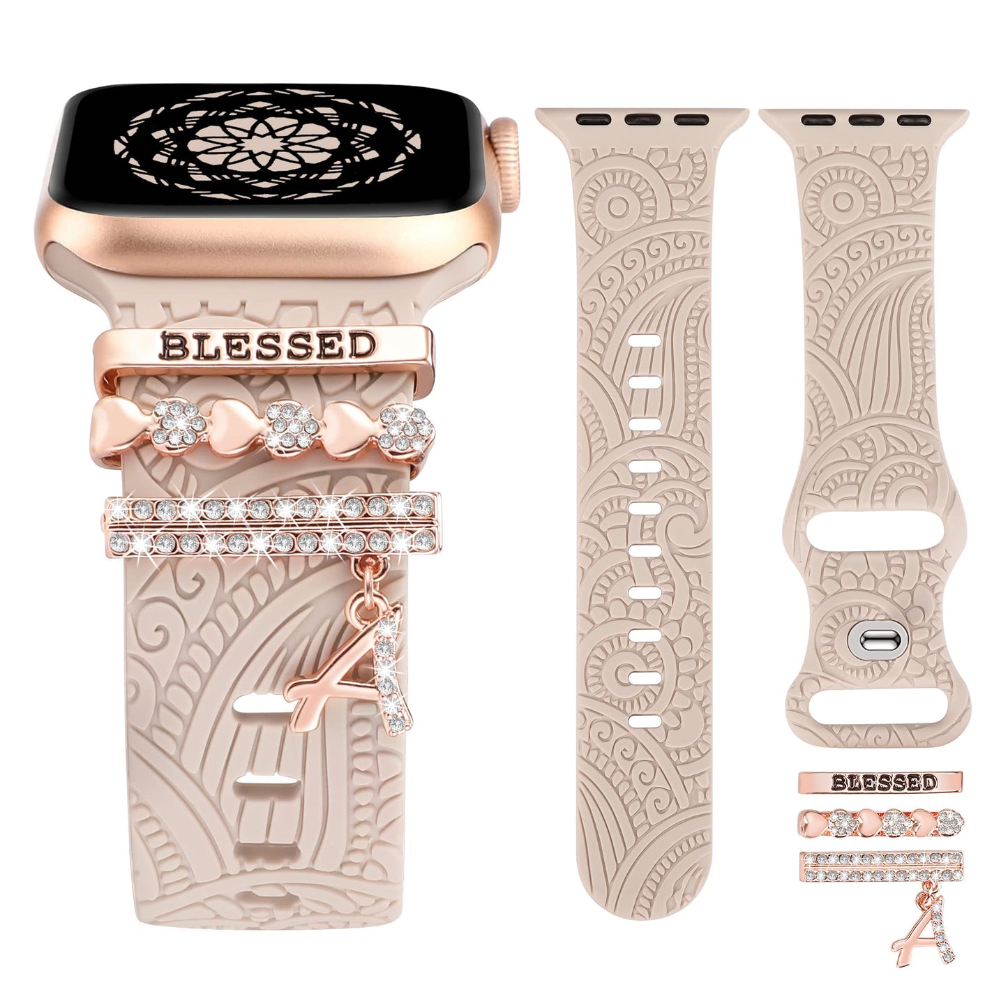 Decorative Rings Loops Compatible with Apple Watch Bands Charms 42mm 41mm 40mm 38mm Women, Boho Engraved Pretty Dressy Straps Metal Accessories for iWatch Series 10 9 SE 8 7 6 5 4 3 2 1(With Band)
