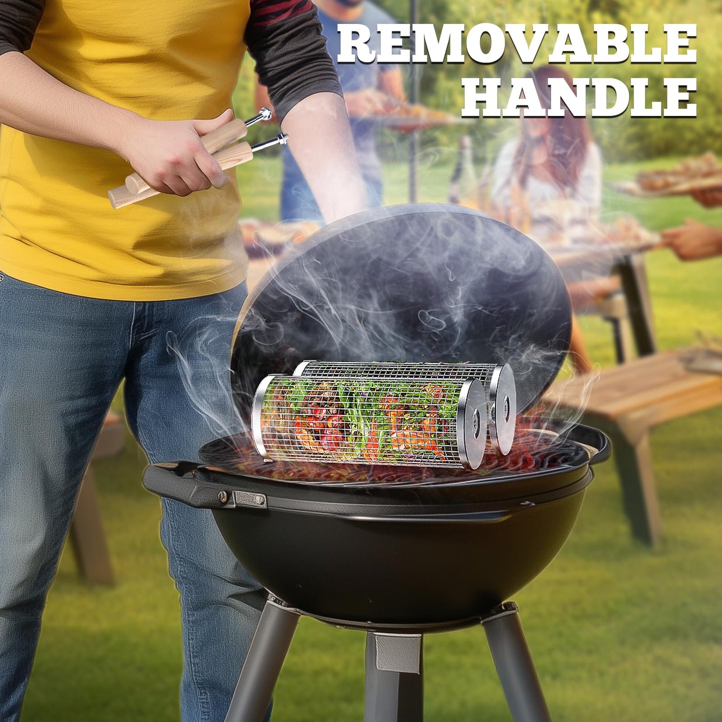 ivtivfu Rolling Grill Baskets, Removable Wooden Handle, 304 Stainless Steel, Nesting Grilling Net, BBQ Accessories Tools for Vegetable Shrimp, Outdoor Cooking Camping, Birthday Gifts for Men Dad Husband