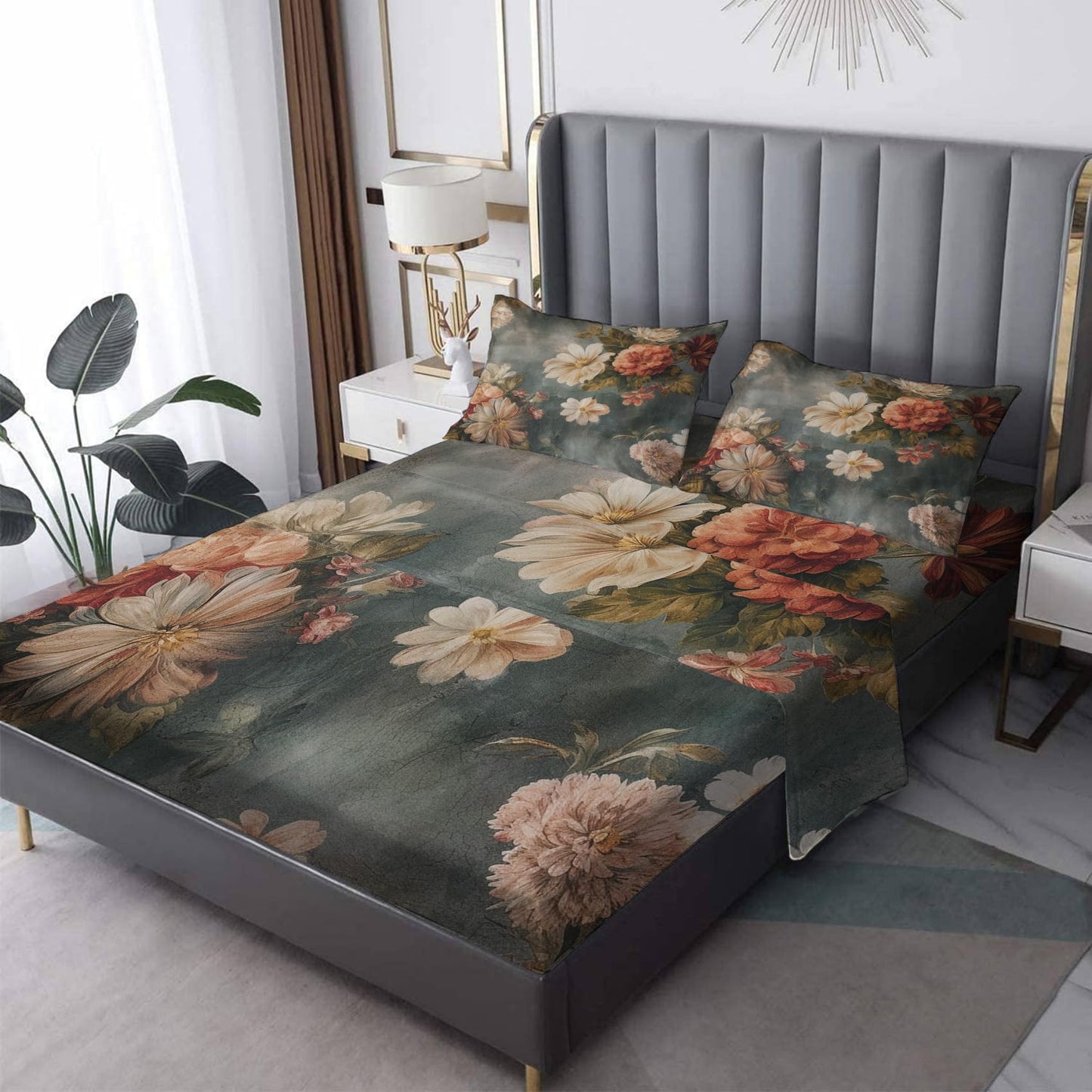 zcsm Rustic Floral Sheets Queen Size - Shabby Chic Flower Bed Sheets, Soft Microfiber & Deep Pocket & Wrinkle Free Patterned Bedding Sheets & Pillowcases, 1 Fitted Sheet, 1 Flat Sheet, 2 Pillow Cases