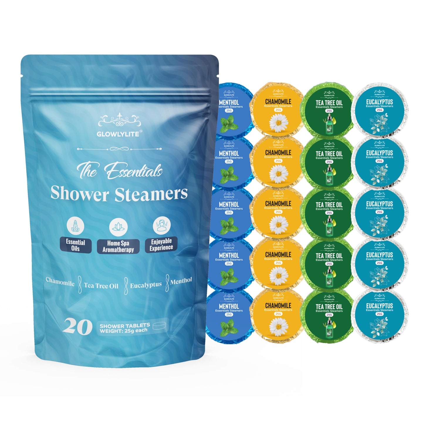 GLOWLYLITE Shower Steamers Aromatherapy | 20 Pack Shower Steamers for Women & Men, Essential Oils for Stress Relief, Self Care, Gifts for Mom, Birthday, Stocking Stuffers & Christmas (Blue)