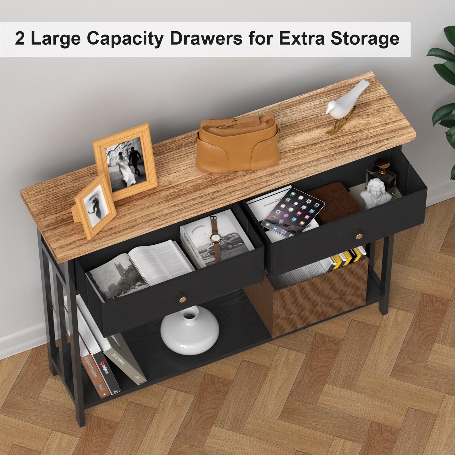 FLYJOE Solid Wood Console Table with 2 Fabric Drawers, 42" Entryway Table with Storage Shelves, Sofa Table for Entryway, Hallway, Living Room, Kitchen or Behind Couch in Foyer, Black