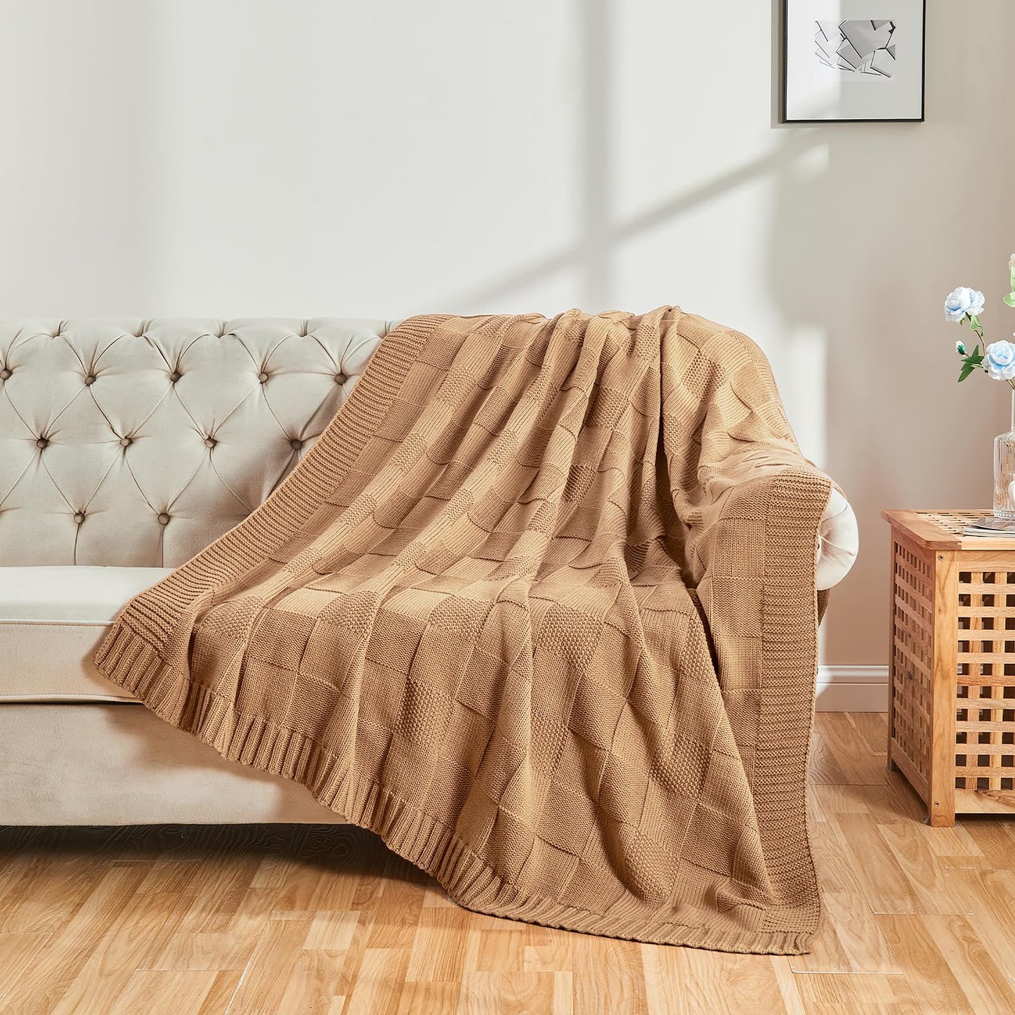 CozeCube Check Knit Throw Blanket, Beige Checkered Throw for Couch, Decorative Christmas Soft Cozy Warm Knitted Blanket for Bed Sofa Living Room, 50"X60"