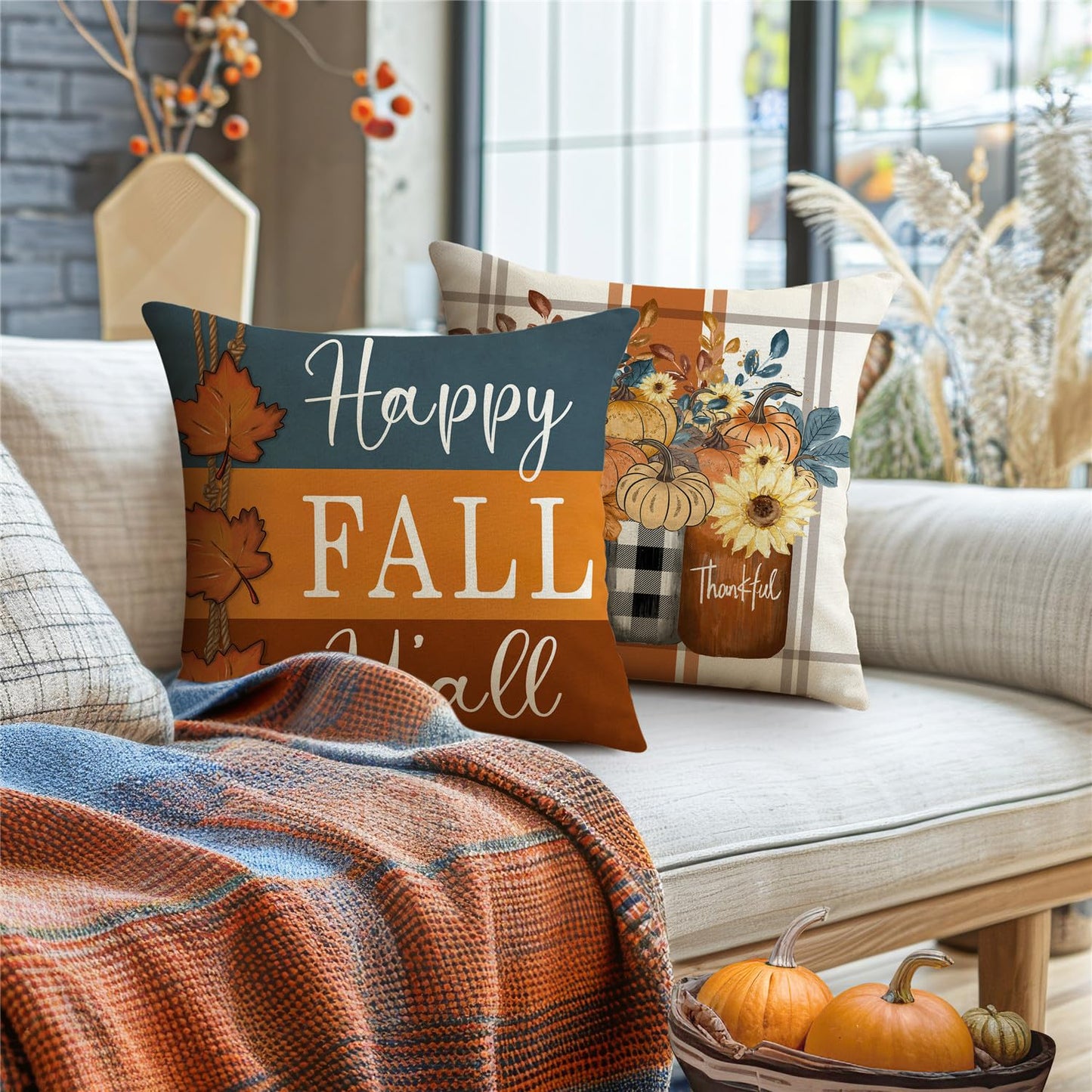 MODOVOS Fall Striped Mason Jar Pumpkin Throw Pillow Covers Thanksgiving Farmhouse Decorations Maple Leaf Outdoor Fall Decor Pillow Covers 18x18 Set of 4 Harvest Autumn Cushion Case for Sofa Couch