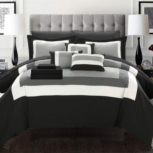 Chic Home Duke Queen Comforter Set 10-Piece, Colorblocked Queen Size Comforter Set with 2 Shams, 3 Pillows and Bedding Sets Queen (Black)