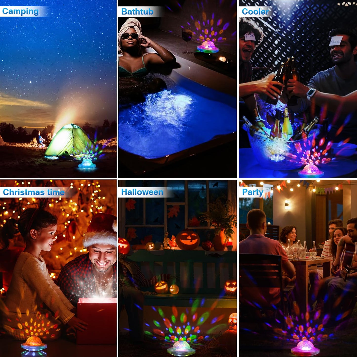 BOXPSII Rechargeable Floating Pool Lights, Pool Lights with 6 Dynamic Lighting, IP68 Waterproof Pool Light RGB Upper and Lower Color Changing LED Pool Light for Pools, Party, Fountains 1PACK