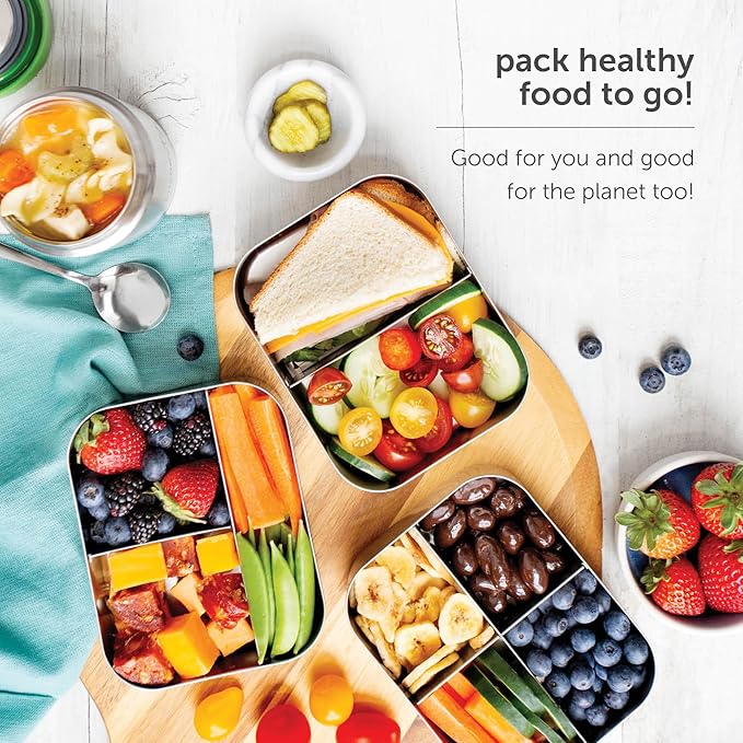 LunchBots Medium Duo Snack Container - Divided Stainless Steel Food Container - Two Sections for Half Sandwich and a Side - Eco-Friendly - Dishwasher Safe - Stainless Lid - Pink Dots