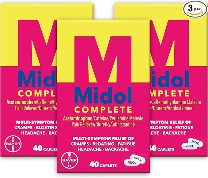 Midol Complete Menstrual Pain Relief Caplets with Acetaminophen for Period Cramps, and Menstrual Symptom Relief - 40 Count (Pack of 3) (Packaging May Vary)