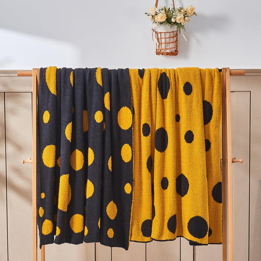 Douceur Polka Dot Throw Blanket for Couch Sofa Bed, Reversible Cozy Fluffy Super Soft Bedroom Blanket, Plush Gold Yellow Throw Blanket, 50×60 inches
