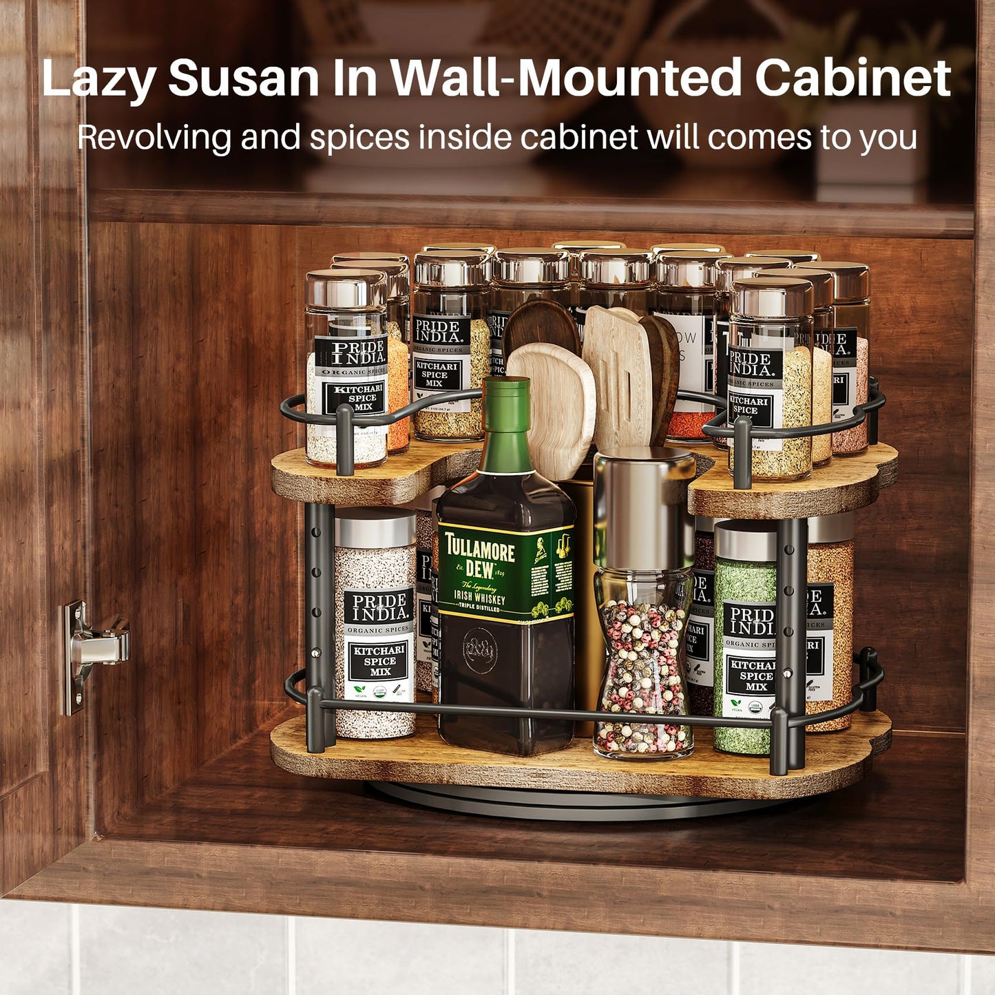 Lazy Susan Organizer Spice Rack - Spice Organization for Cabinet Height Adjustable Rotating Lazy Turntable, Pantry Kitchen Wood Revolving Seasoning Organizer, 12 inches, Black