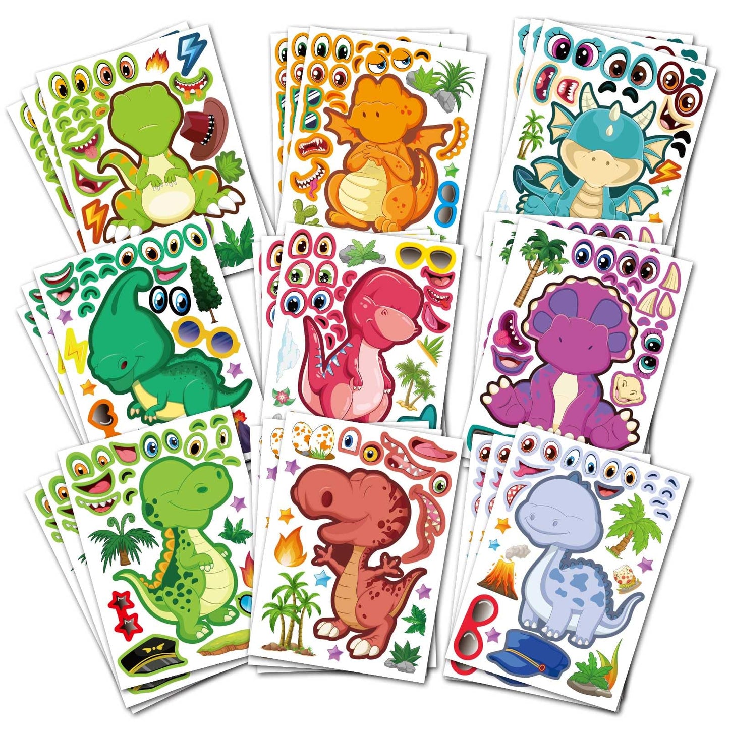 27 Sheet Dinosaur Stickers Make Your Own Dino Stickers for Kids 3+, Make-a-face Sticker Boys Girls Dinosaur Birthday Party Decorations, DIY Craft Birthday Party Favor Supplies