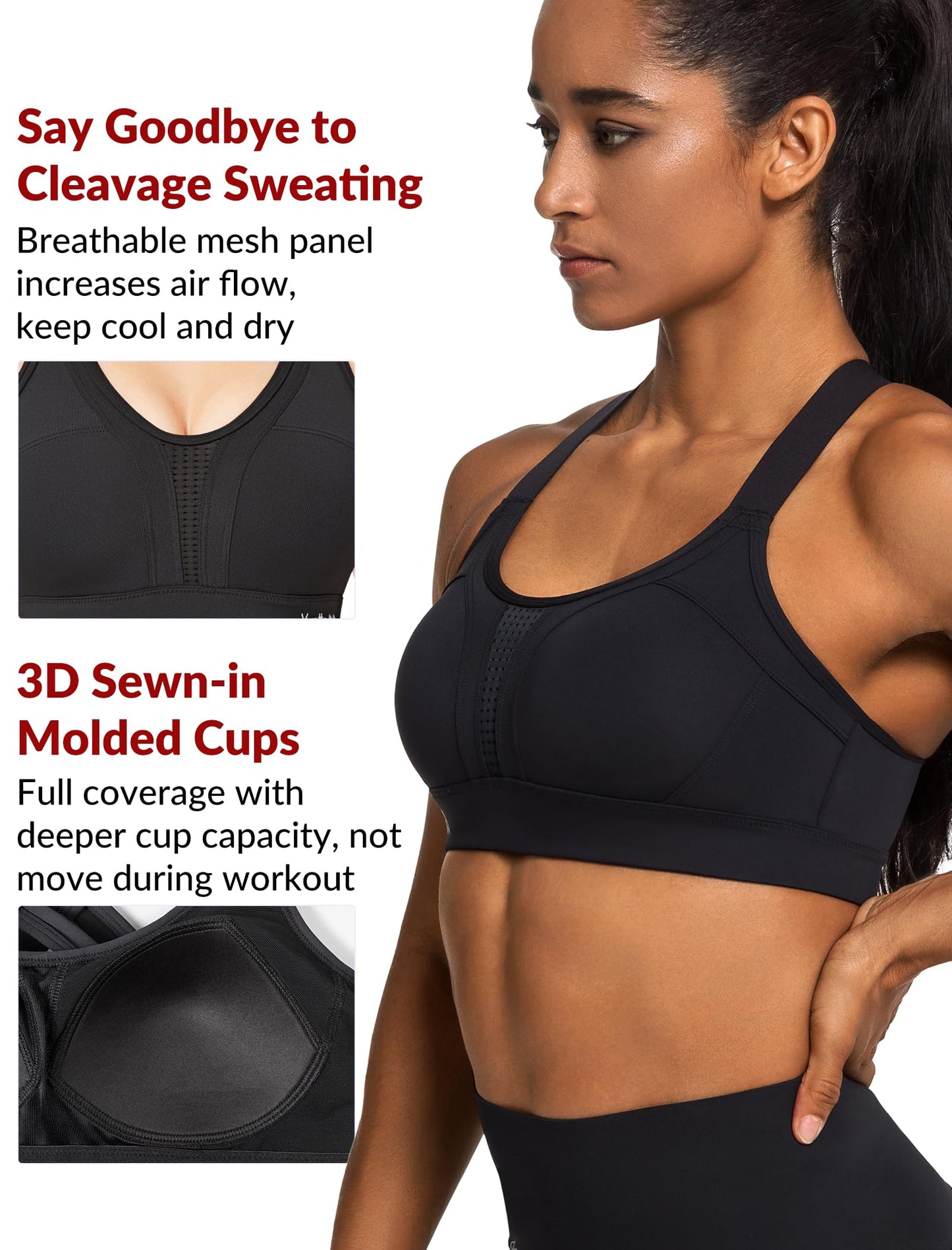 Yvette Sports Bra High Impact Adjustable Criss Cross Back, Full Support for Large Bust No Bounce,Black,S