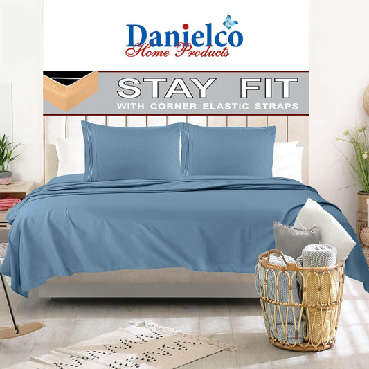 Danielco Home Products Bed Sheet Sets - Stay fit on Mattress with Elastic Straps at Corners - King, Blue Heaven