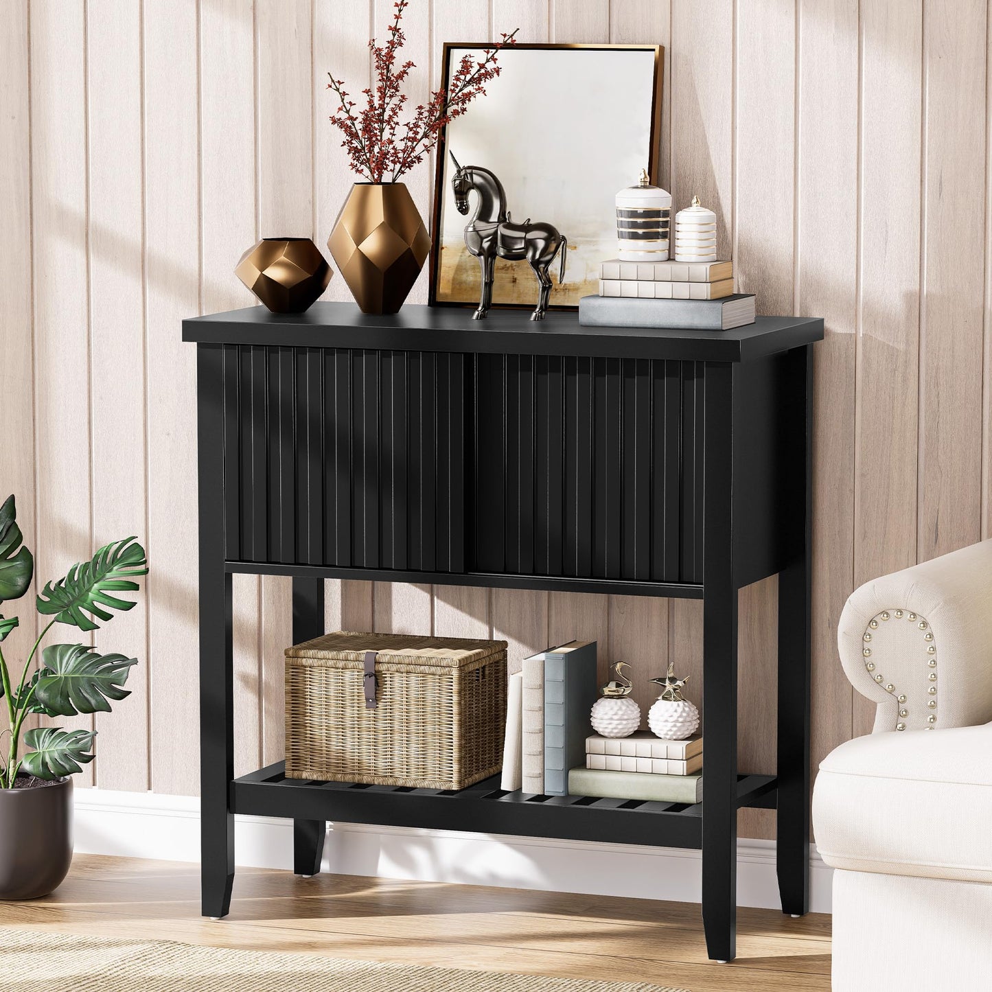 FJTFORME 31.5" Black Entryway Console Table with Sliding Drawer Doors, Narrow 2-Tier Sofa Table with Storage Shelf for Hallway, Living Room, or Office