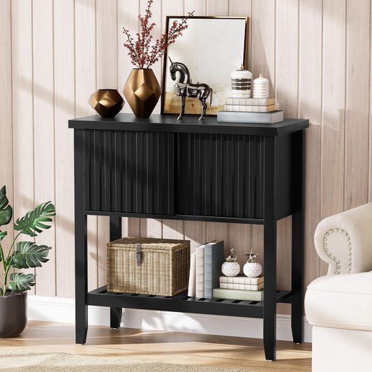 FJTFORME 31.5" Black Entryway Console Table with Sliding Drawer Doors, Narrow 2-Tier Sofa Table with Storage Shelf for Hallway, Living Room, or Office