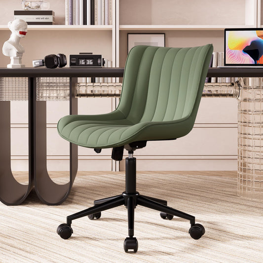 YOUNIKE Armless Home Office Desk Chair with Wheels Compact Comfy Vanity Chair with Adjustable Back Modern Small Leather Upholstered Rolling Swivel Cute Task Drafting Sewing Chair No Arms Olive Green